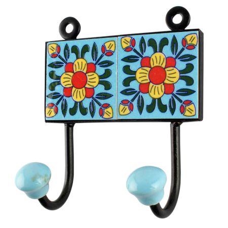 Turquoise Floral Ceramic Tile Hook Online